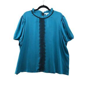 NWT Reese Short Sleeve Blouse Womens‎ 3X Blue Ruffle Neckline Chiffon Lace